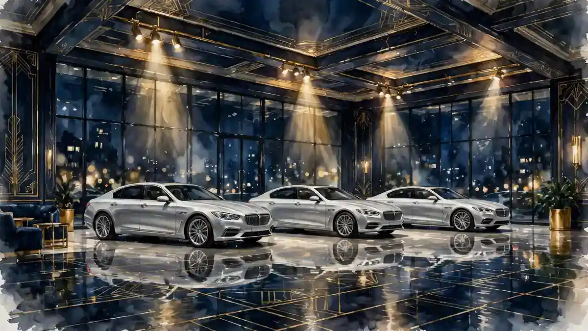Stylized illustration of a luxury car dealership showroom at night in navy and gold