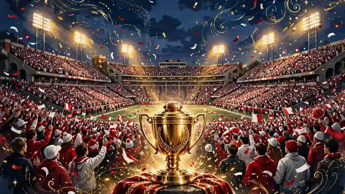 Stylized illustration of a packed college football stadium at dusk with a golden championship trophy in navy and gold