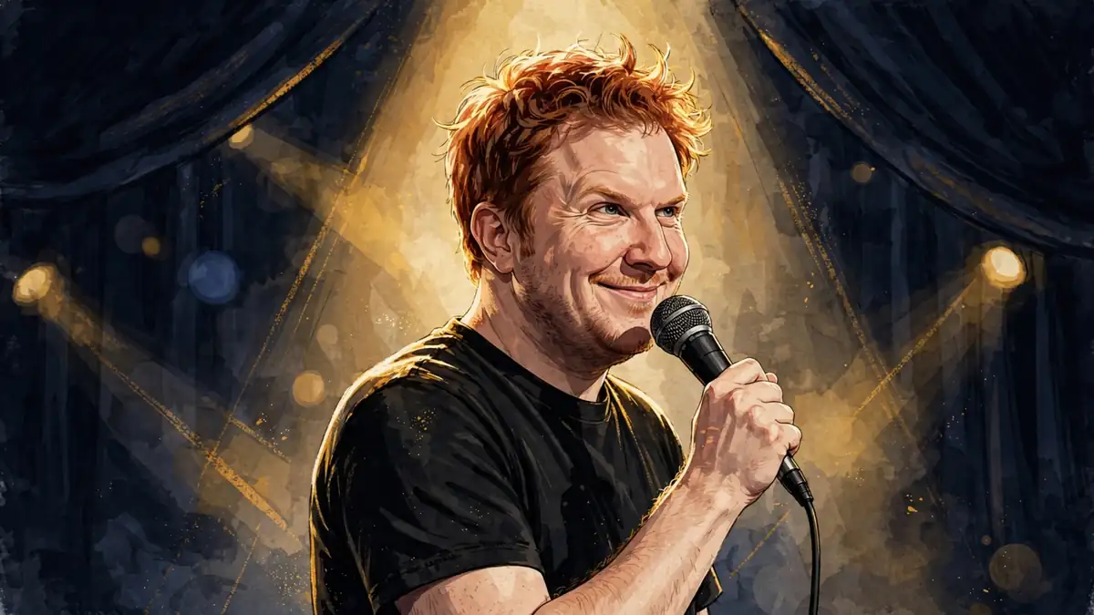 Stylized editorial illustration of comedian Nick Swardson performing stand-up on stage with a microphone