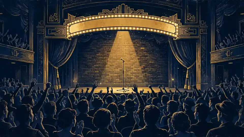 Illustration of a packed stand-up comedy theater with a spotlight on a microphone
