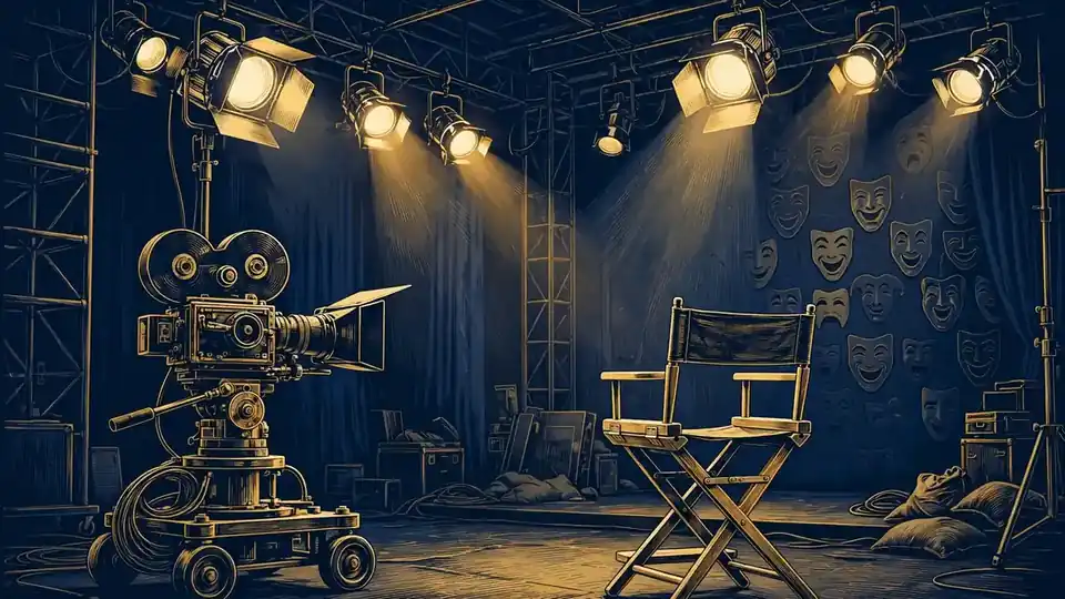 Illustration of a Hollywood comedy film set with a camera and studio lights