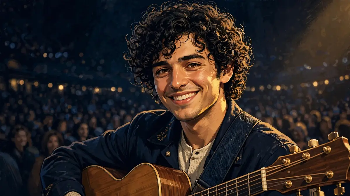 Stylized illustrated portrait of Noah Kahan holding an acoustic guitar on stage in navy and gold tones