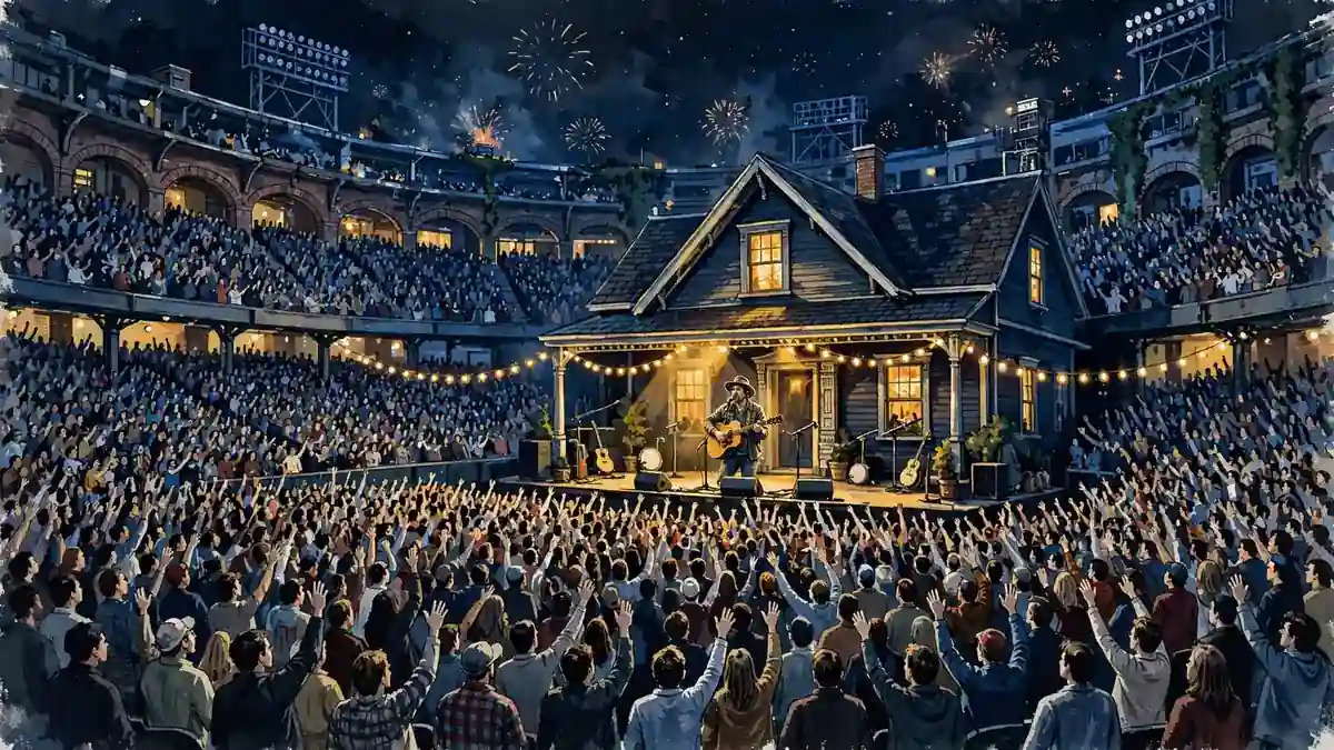 Stylized illustration of Noah Kahan performing at a sold-out stadium concert at night