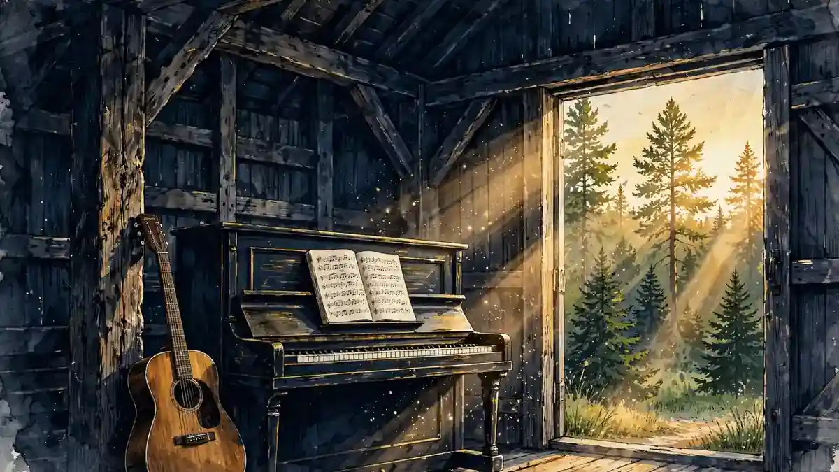 Stylized illustration of a Vermont barn interior with an acoustic guitar, song notebook and pine trees at golden hour