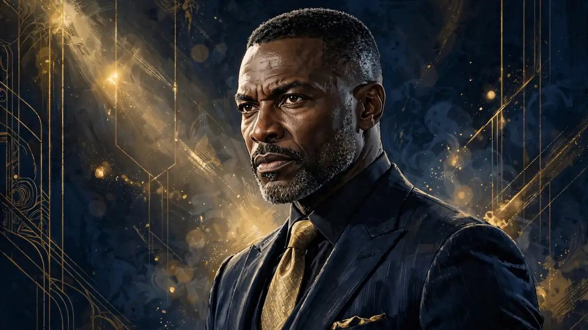 Stylized illustrated portrait of actor Omari Hardwick in navy and gold