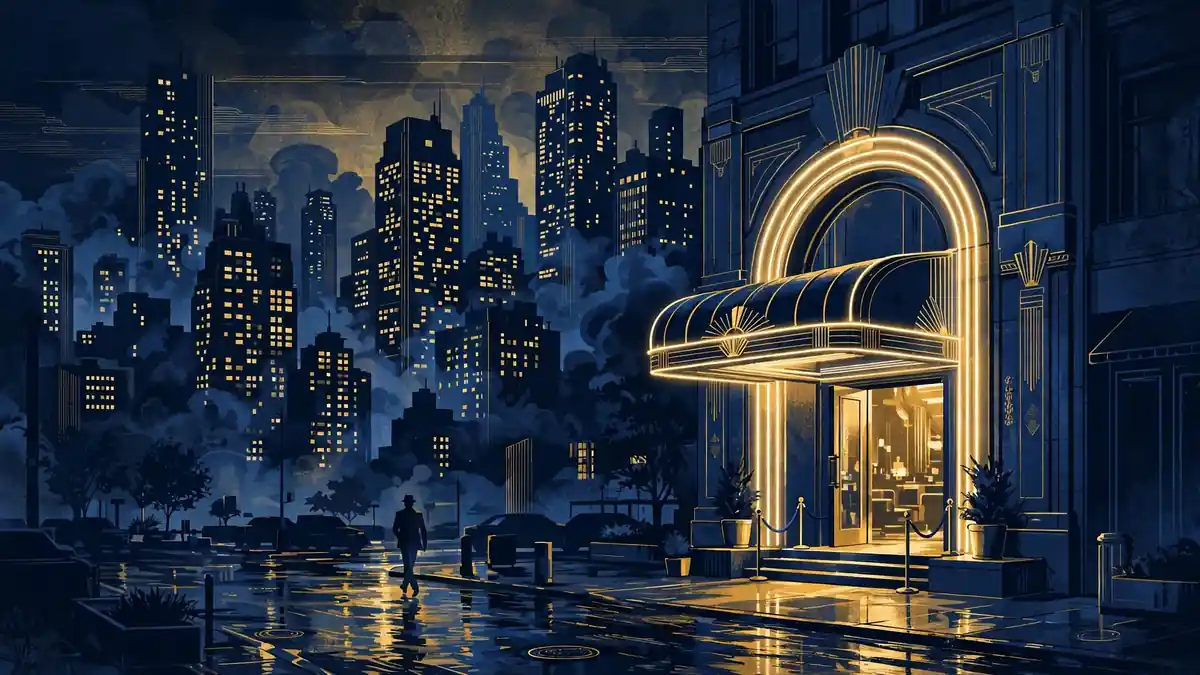 Illustrated nightclub skyline at night in navy and gold, evoking Ghost's world on Power