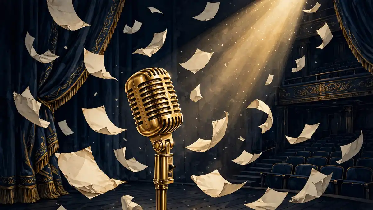 Illustrated gold microphone on a dark theater stage with floating poetry pages, navy and gold style