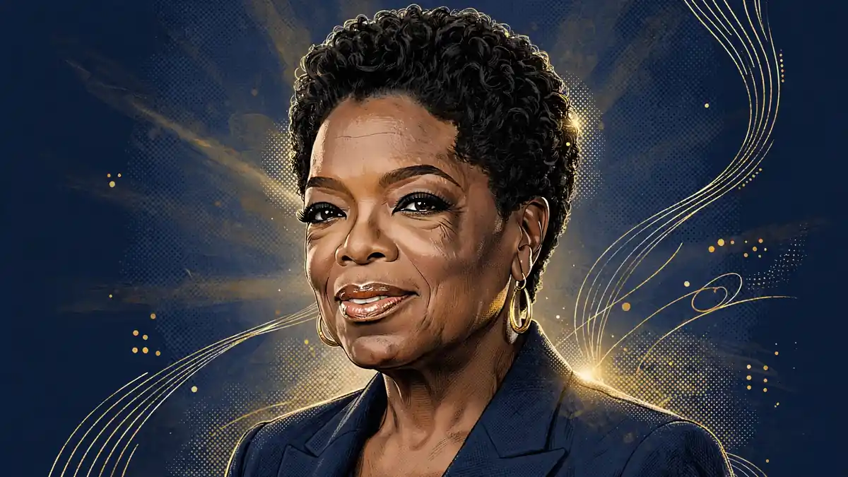 Stylized editorial illustration of Oprah Winfrey in navy and gold