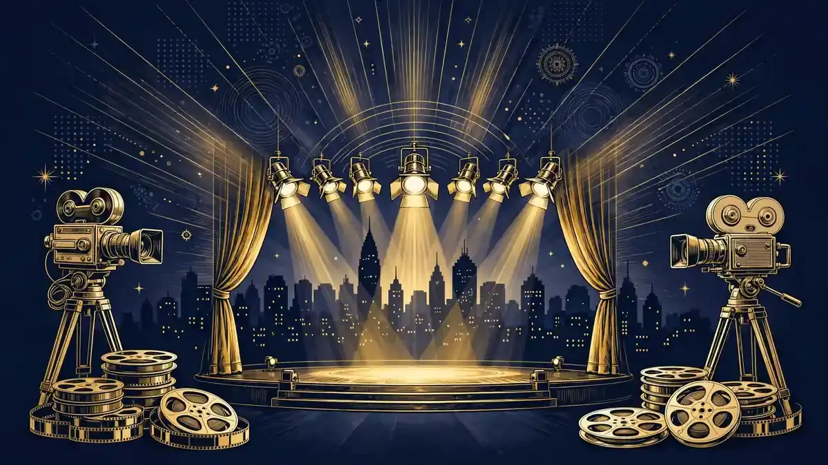 Navy and gold illustration of a television studio representing Oprah's Harpo and OWN media empire