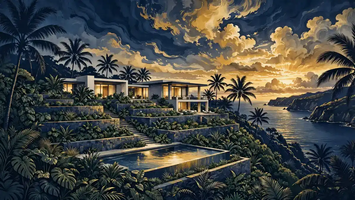 Navy and gold illustration of a Hawaiian estate at sunset