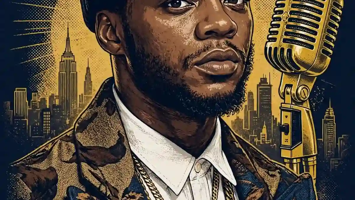 Illustrated editorial portrait of rapper Papoose in navy and gold style.