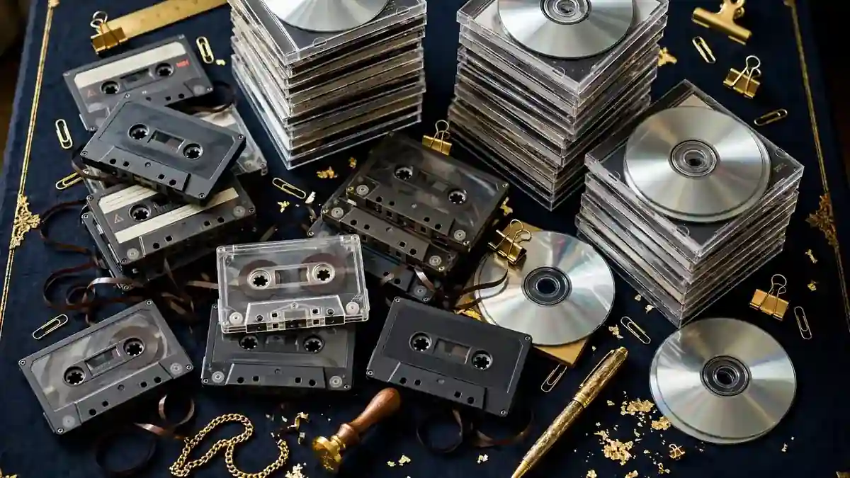 Illustration of stacked hip-hop mixtape CDs and cassettes in navy and gold