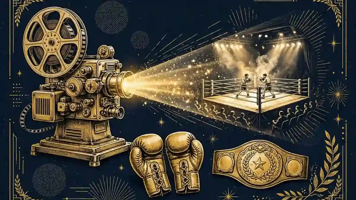 Illustration of a film projector scene with boxing gloves and gold championship belt in navy and gold