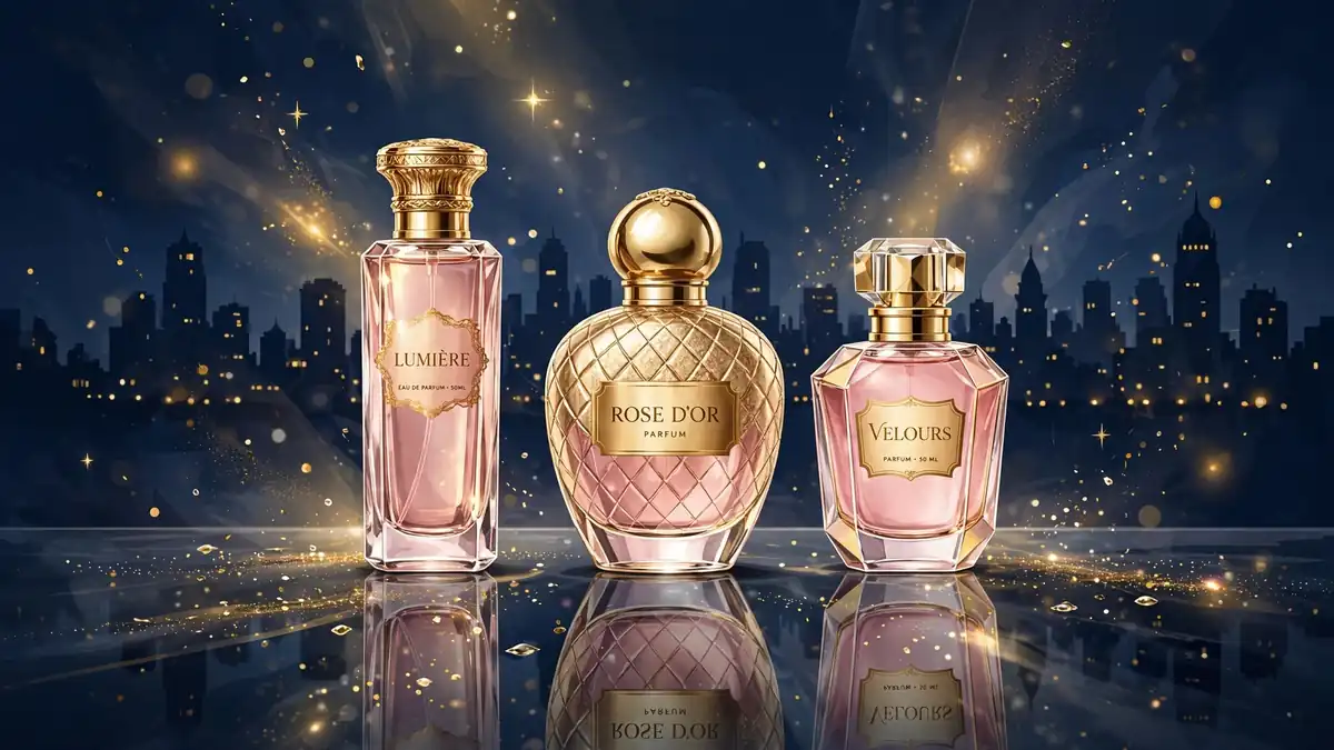 Stylized illustration of luxury perfume bottles in pink and gold with a city skyline, in navy and gold