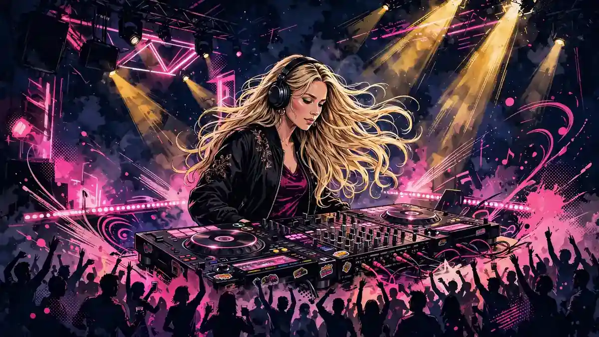 Stylized illustration of a DJ performing on stage with pink stage lights and a cheering crowd, in navy and gold