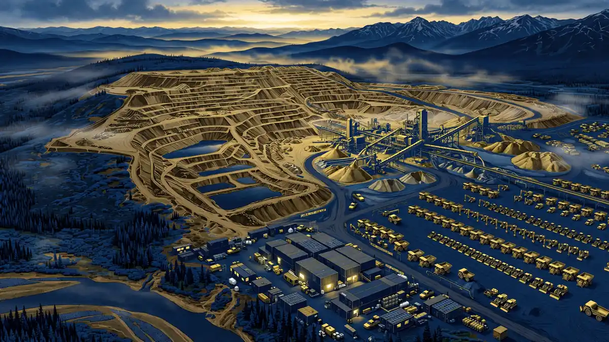 Aerial illustration of a vast Yukon placer gold mining claim with wash plant and equipment fleet