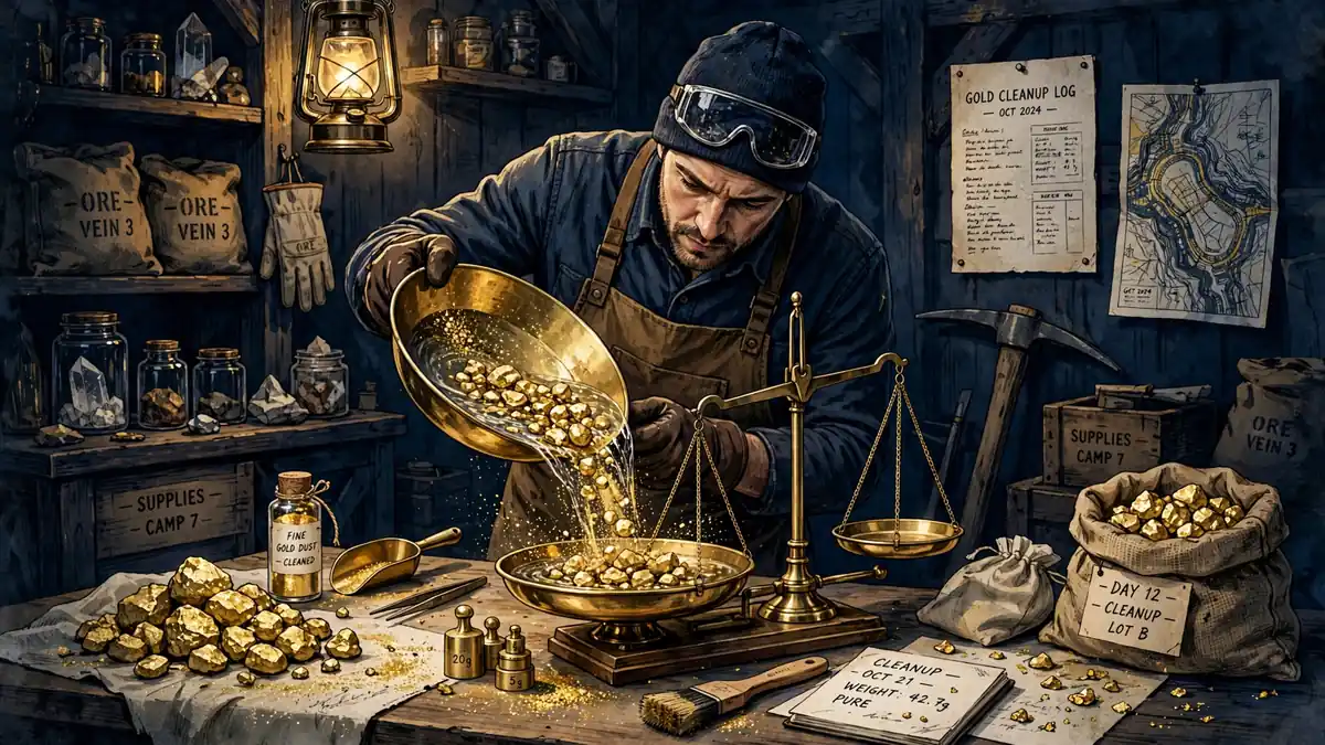 Illustration of gold nuggets being weighed during a gold room cleanup