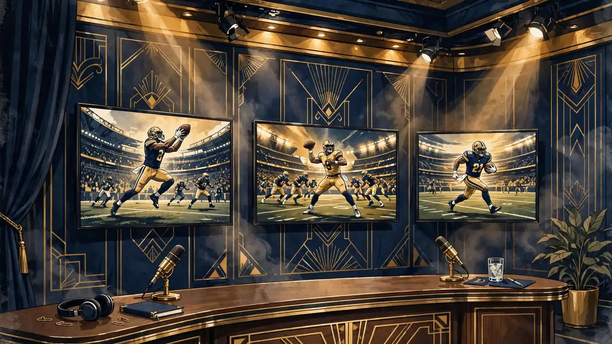Stylized illustration of a sports talk show studio with cameras and a broadcast desk, in navy and gold