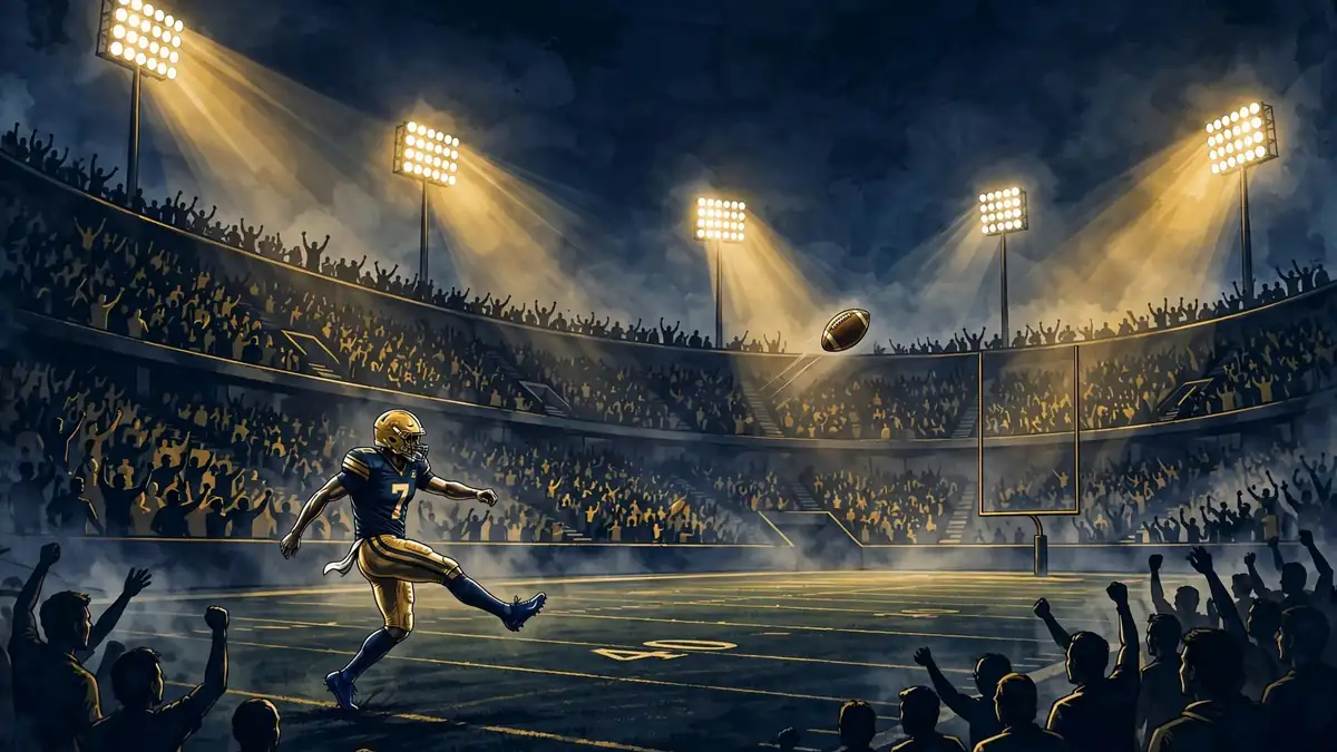 Stylized illustration of a college football stadium crowd watching a field goal kicking contest, in navy and gold