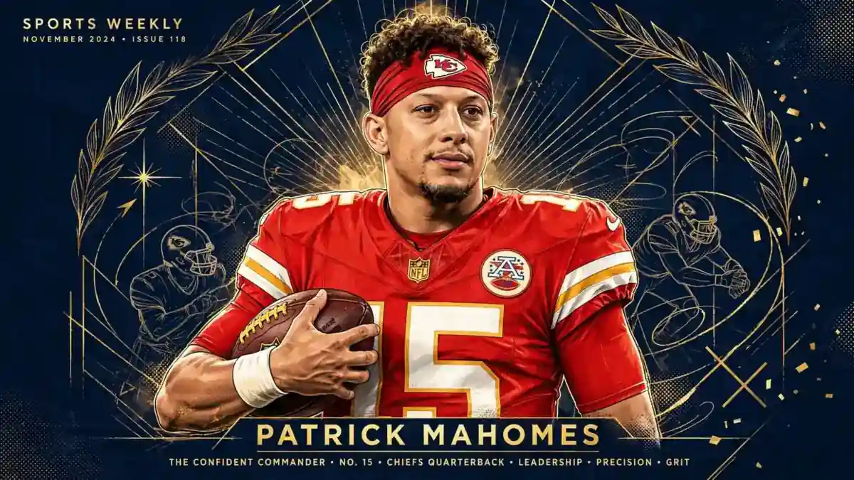 Stylized illustrated portrait of Patrick Mahomes in a red Chiefs jersey, navy and gold editorial style