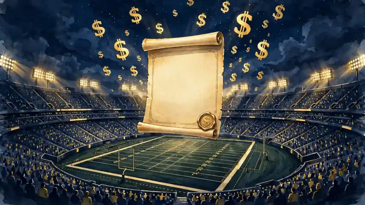 Illustration of a football stadium with a contract and golden dollar symbols, navy and gold
