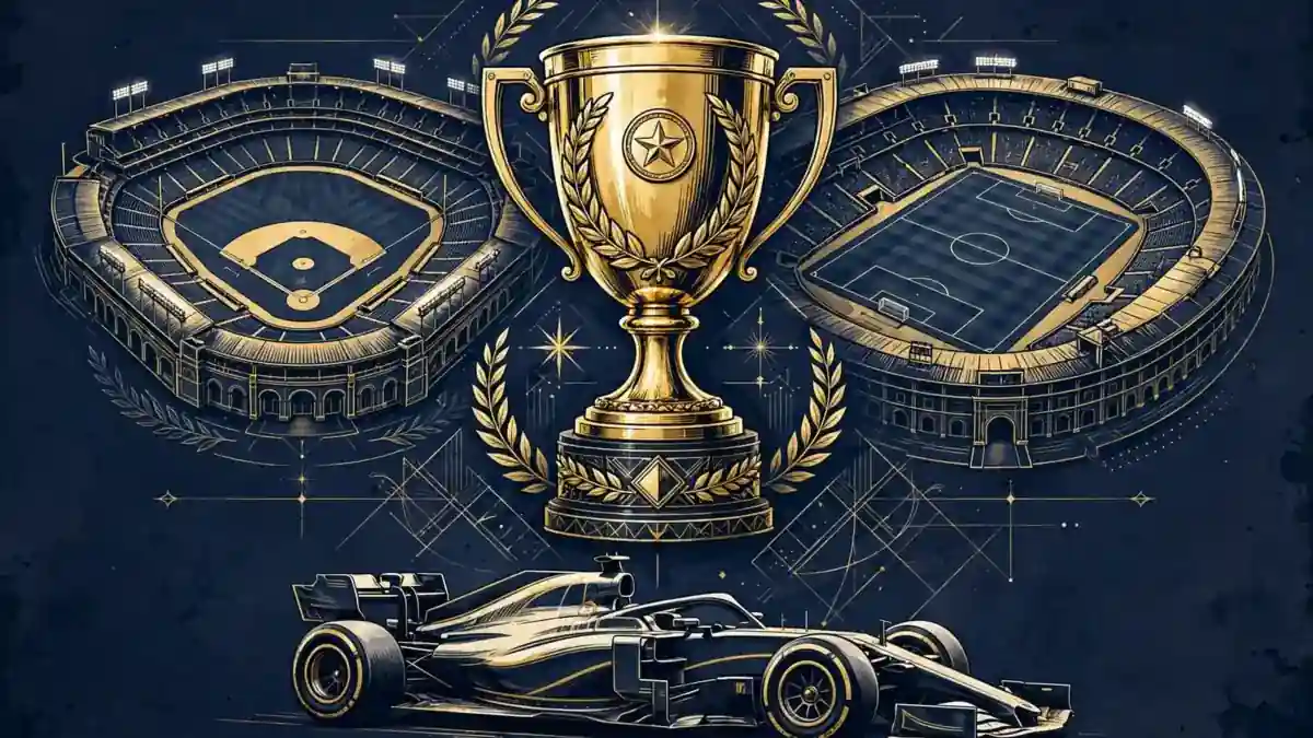 Illustration of baseball and soccer stadiums with a Formula 1 car around a golden trophy, navy and gold