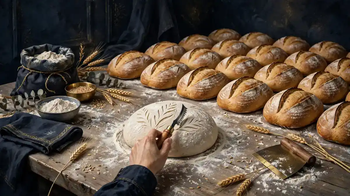 Illustration of an artisan bakery worktop with rows of sourdough loaves being scored
