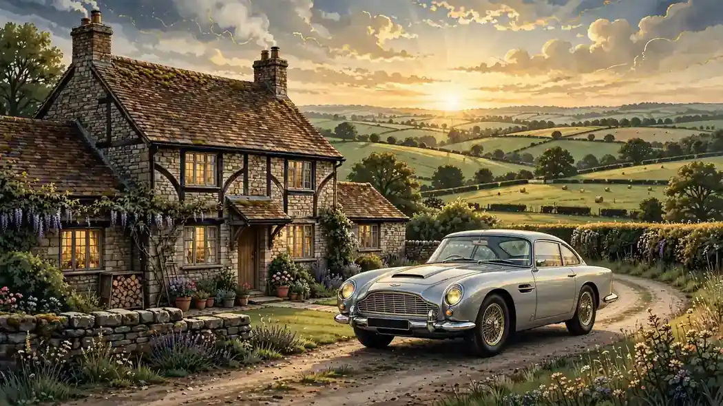 Illustration of a Kent countryside farmhouse at golden hour with a vintage Aston Martin sports car