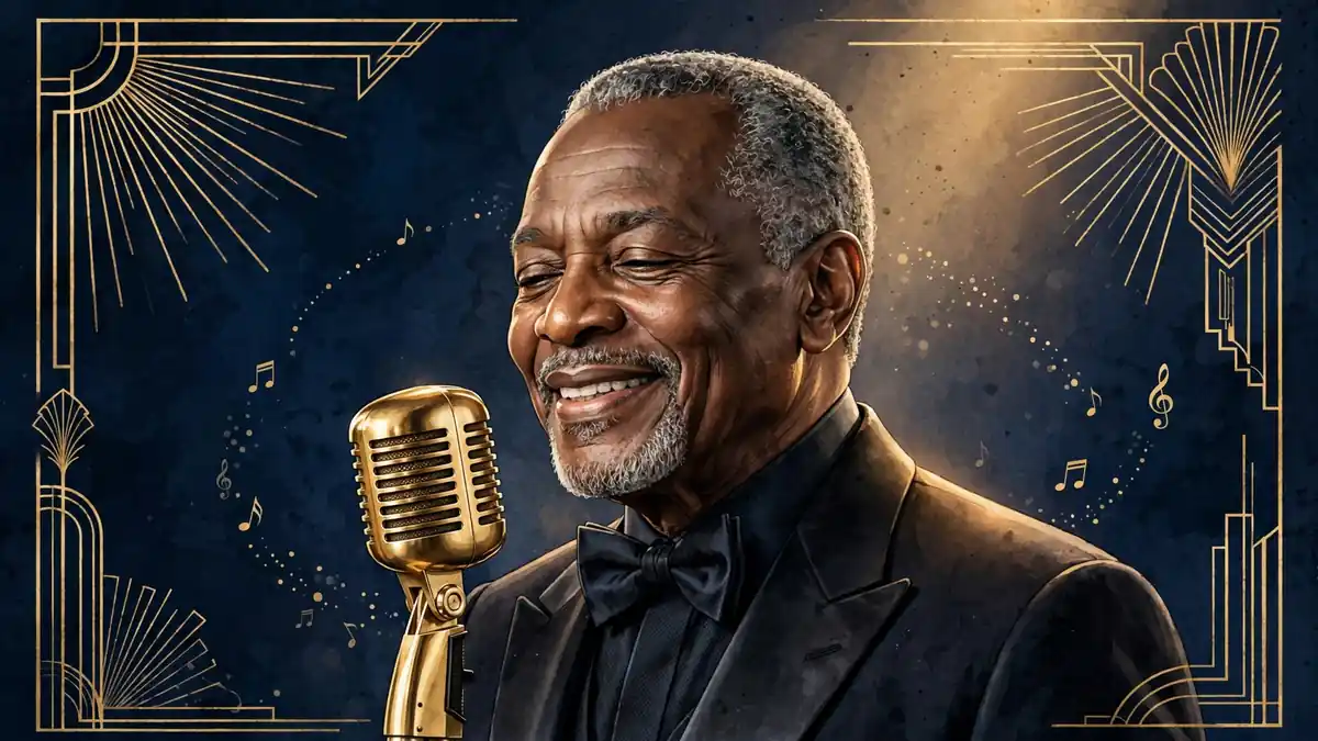 Illustrated portrait of R&B singer Peabo Bryson in a tuxedo singing into a gold microphone