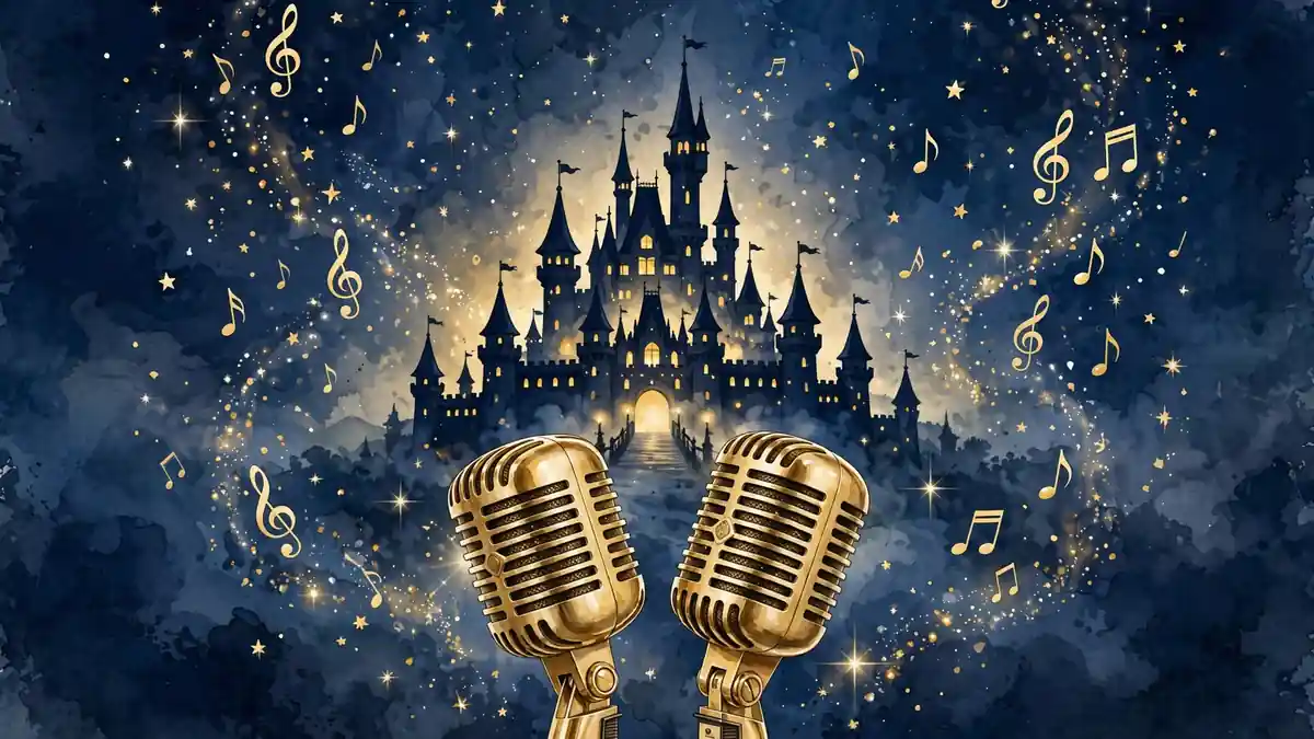 Two gold microphones before a glowing castle, evoking Peabo Bryson's Disney ballad duets