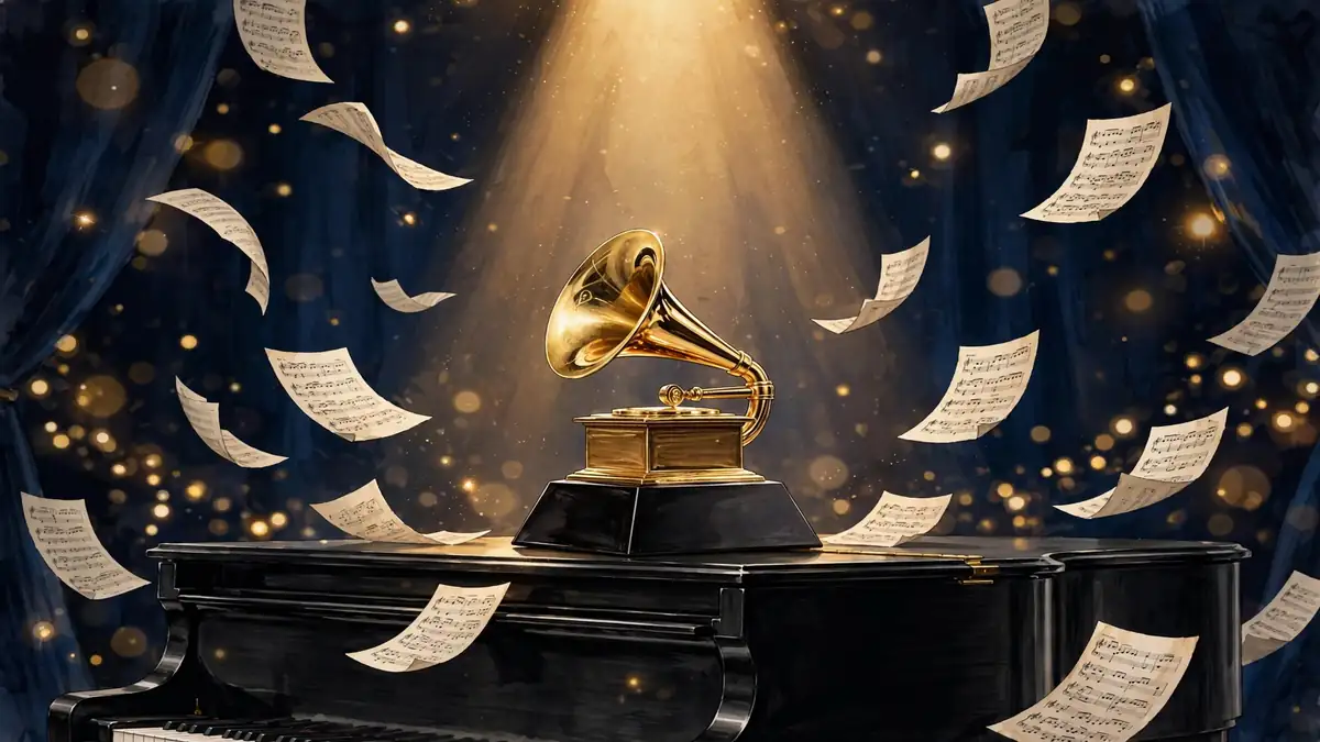 Golden gramophone trophy on a grand piano under stage lights, celebrating Peabo Bryson's Grammy-winning career