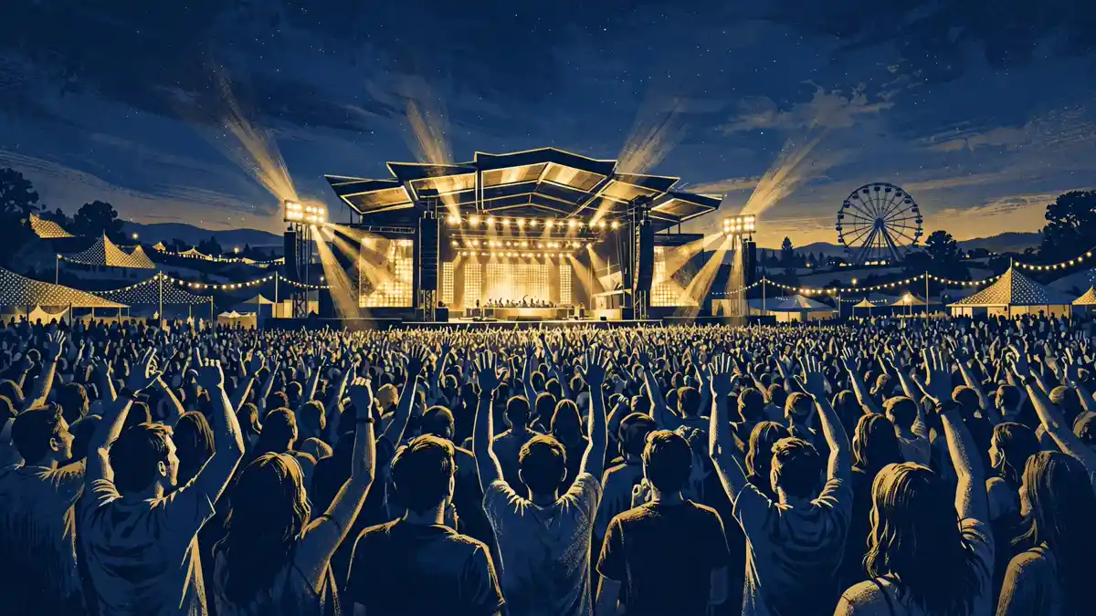 Illustration of a huge outdoor music festival crowd at dusk with golden stage lights