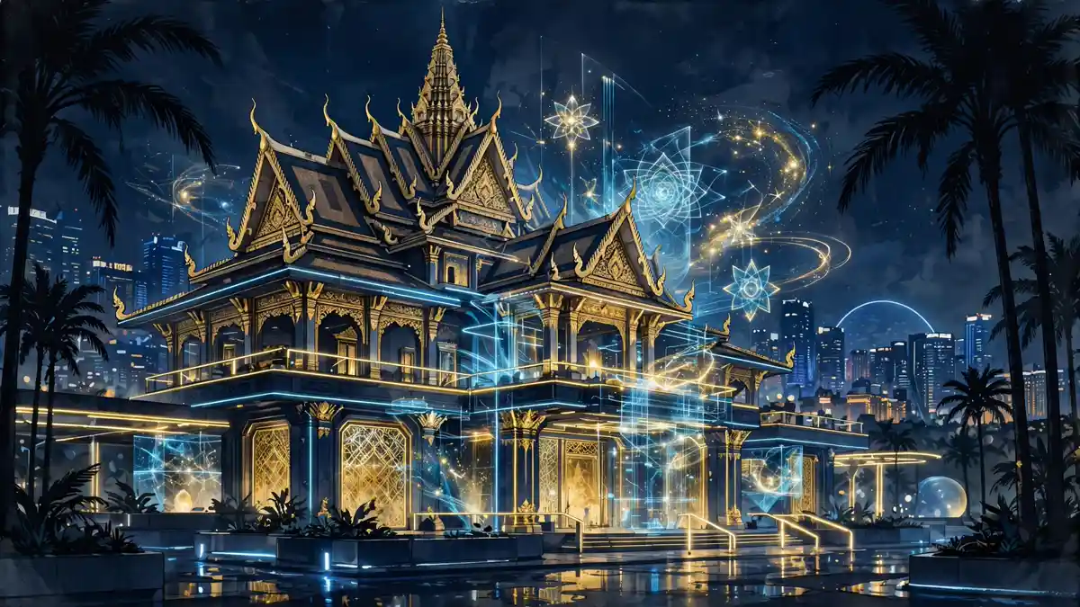 Illustration of a futuristic immersive entertainment venue in Las Vegas at night with neon lights and temple-inspired architecture