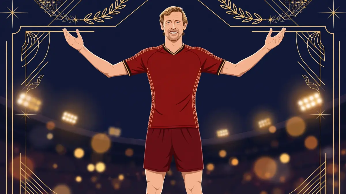 Stylized illustrated portrait of Peter Crouch in a red football kit against a dark navy and gold background