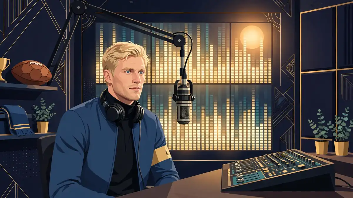 Illustration of a tall blond broadcaster recording in a podcast studio with a large microphone