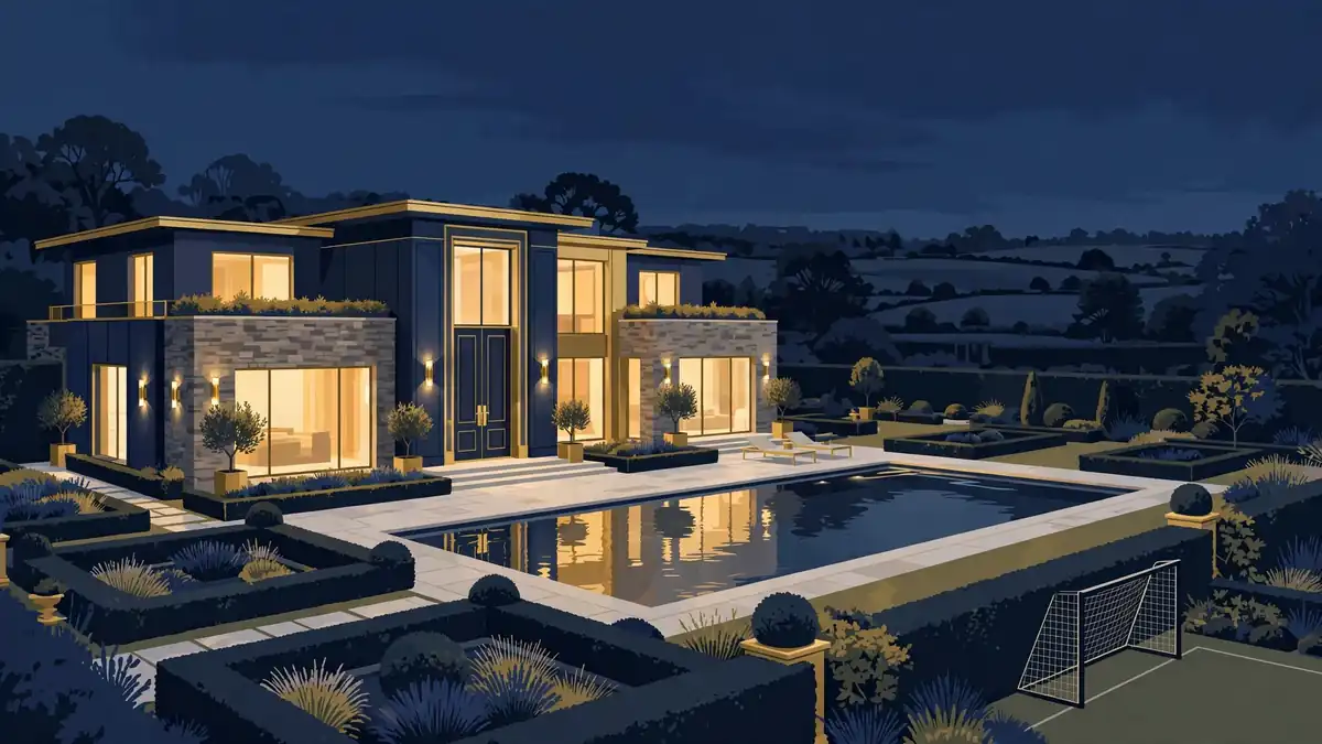 Illustration of a luxury bespoke Surrey mansion with tall doors, garden and pool at dusk