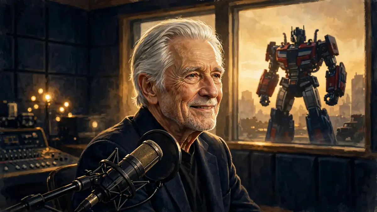 Illustrated portrait of Peter Cullen, the voice of Optimus Prime, in a recording studio