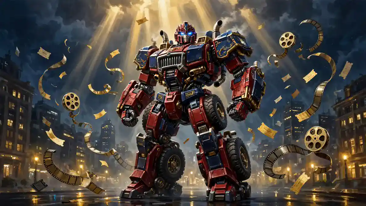 Illustration of a heroic red-and-blue robot truck warrior rising over a night city, evoking the billion-dollar Transformers film franchise