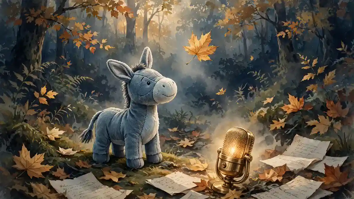 Illustration of a small blue-gray donkey under falling leaves in a misty wood, with a glowing studio microphone in the foreground