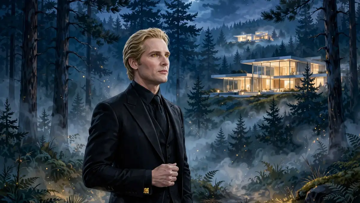 Illustrated scene of an elegant suited figure in a moonlit forest, evoking Dr. Carlisle Cullen from the Twilight saga