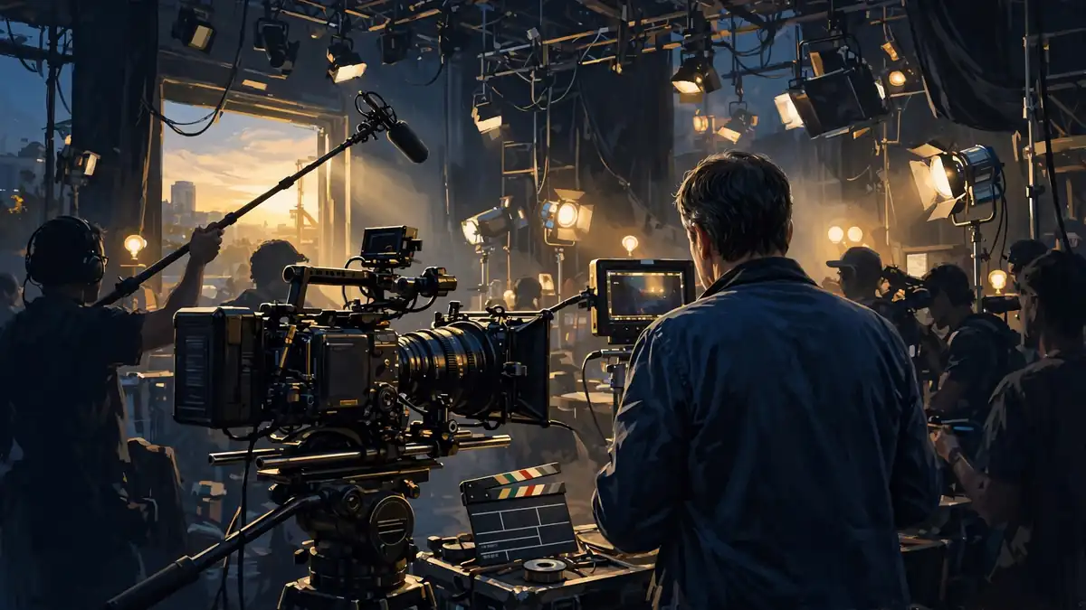 Illustrated scene of a film director at a monitor on a movie set at golden hour