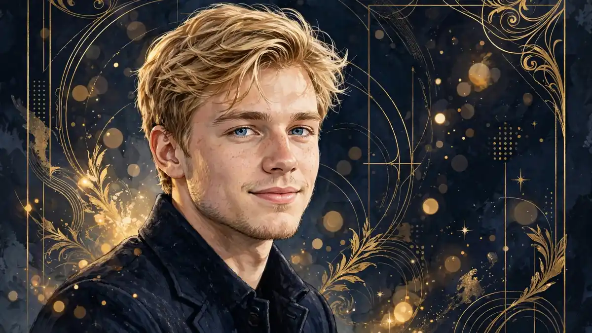 Illustrated portrait of PewDiePie (Felix Kjellberg) in navy and gold editorial style