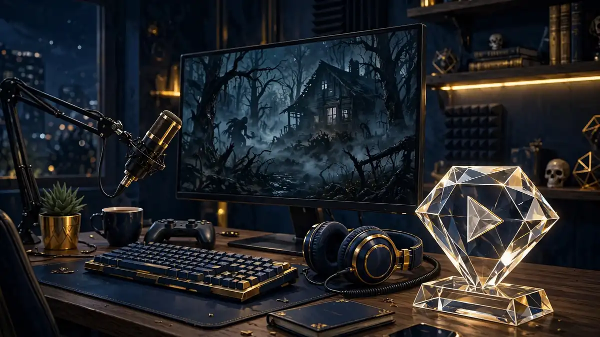 Illustrated gaming studio desk with monitor, microphone and Diamond Play Button award in navy and gold