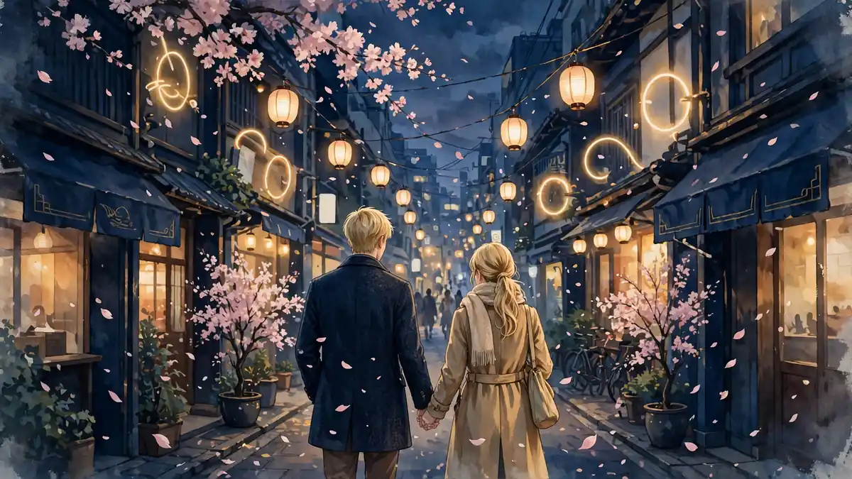 Illustrated Tokyo street at dusk with a couple walking among lanterns and cherry blossoms