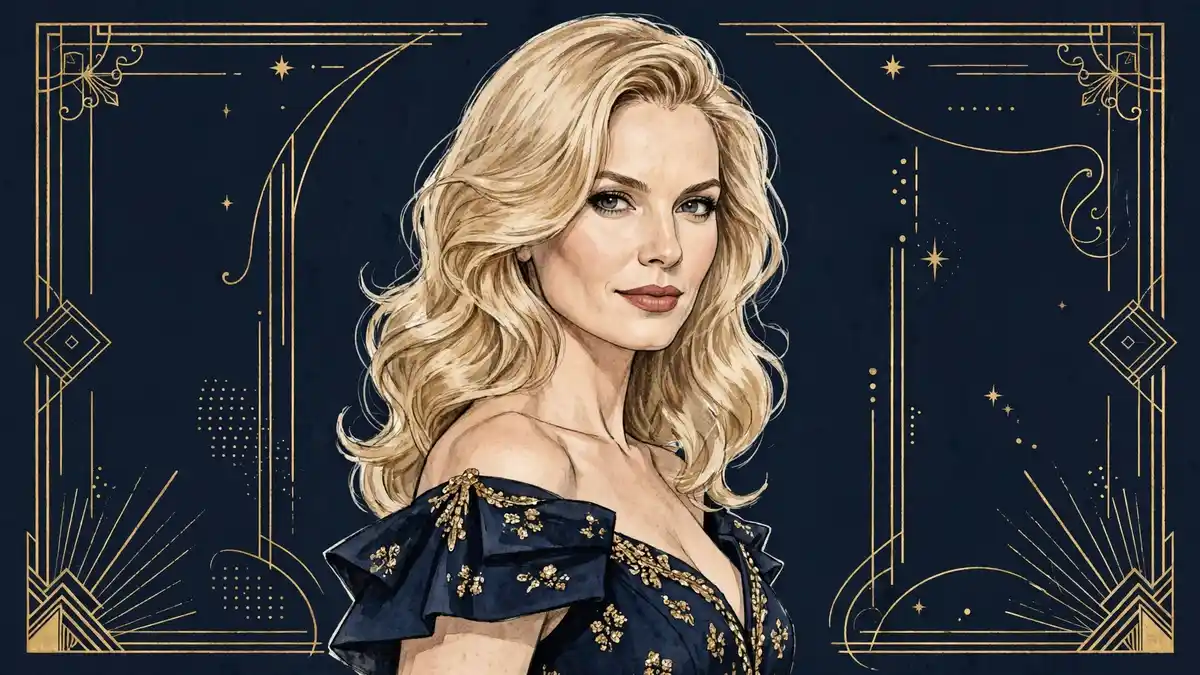 Stylized navy-and-gold editorial illustration of Phoenix Marie, the adult film performer, in an elegant evening portrait