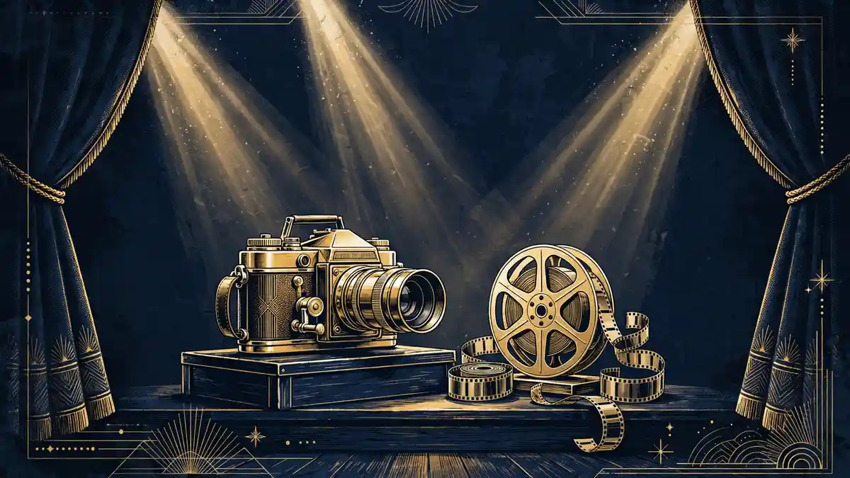 Navy and gold editorial illustration of a vintage film camera and film reel on a stage
