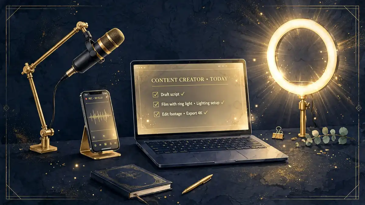 Navy and gold editorial illustration of a content creator's desk with ring light, microphone and laptop