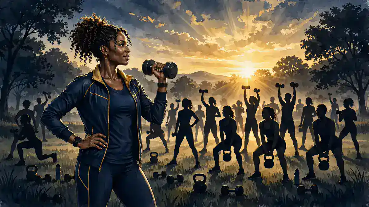 Illustration of a fitness trainer leading an outdoor sunrise workout class, representing Pilar Sanders' Pilar Fit 4Life wellness brand