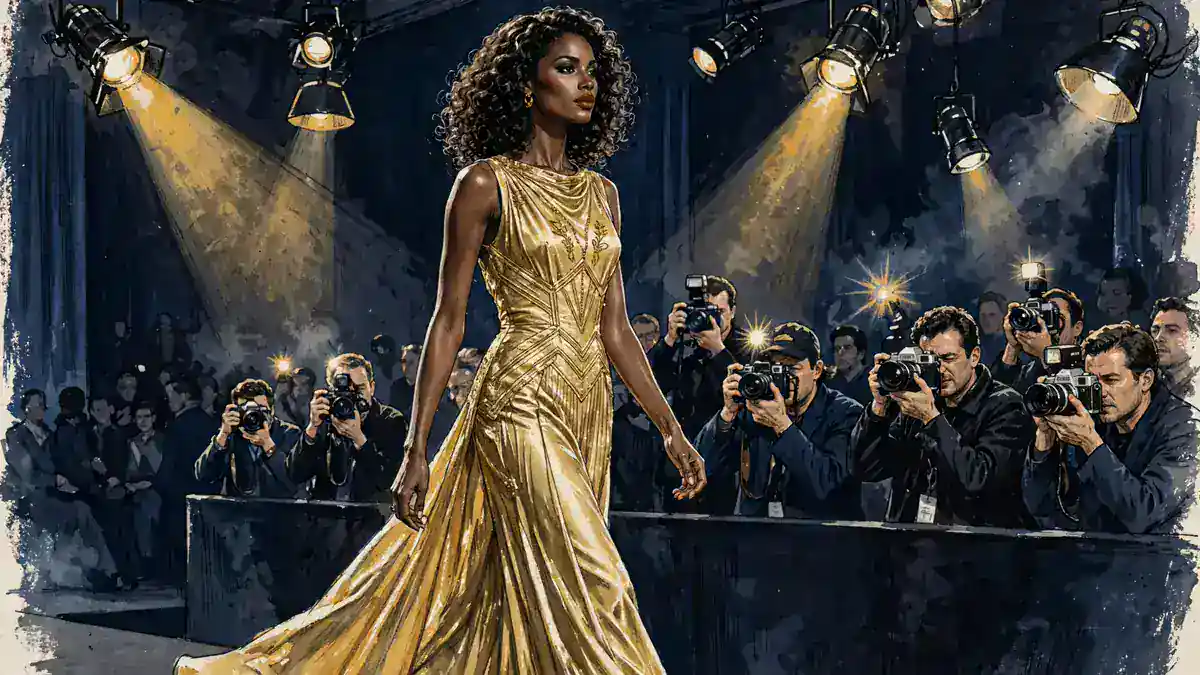 Illustration of a model walking a fashion runway in a gold gown, representing Pilar Sanders' 1990s modeling career