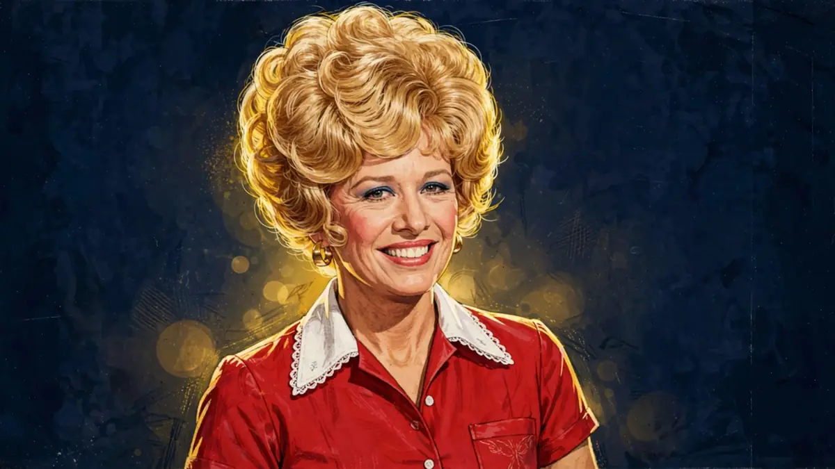 Stylized illustrated portrait of Polly Holliday as Flo from Alice in navy and gold editorial style